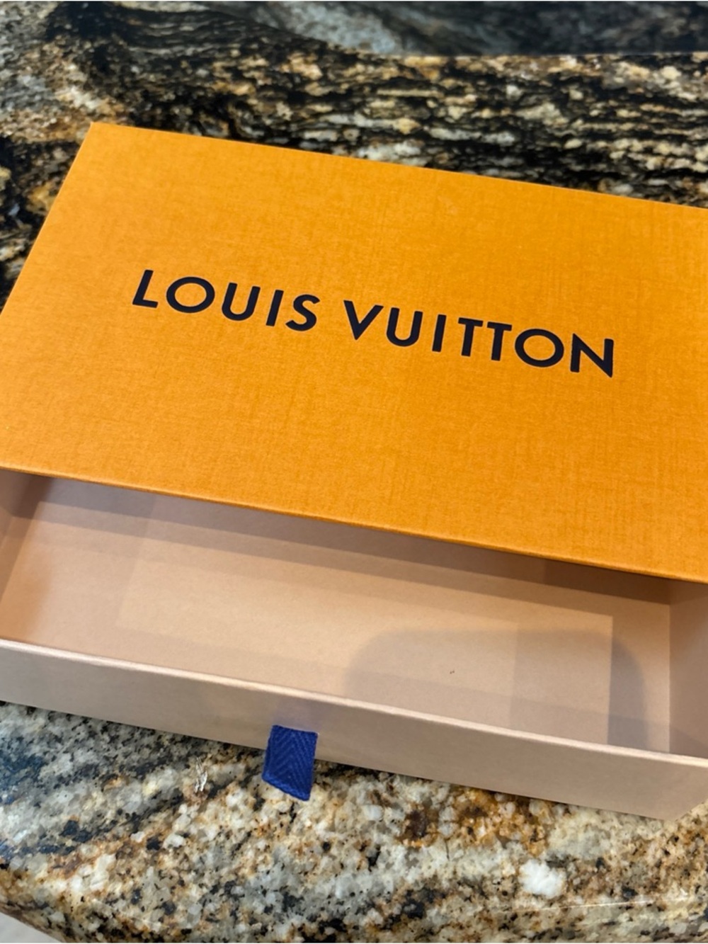 Louis Vuitton Orange Box with Navy Logo and Beige Base